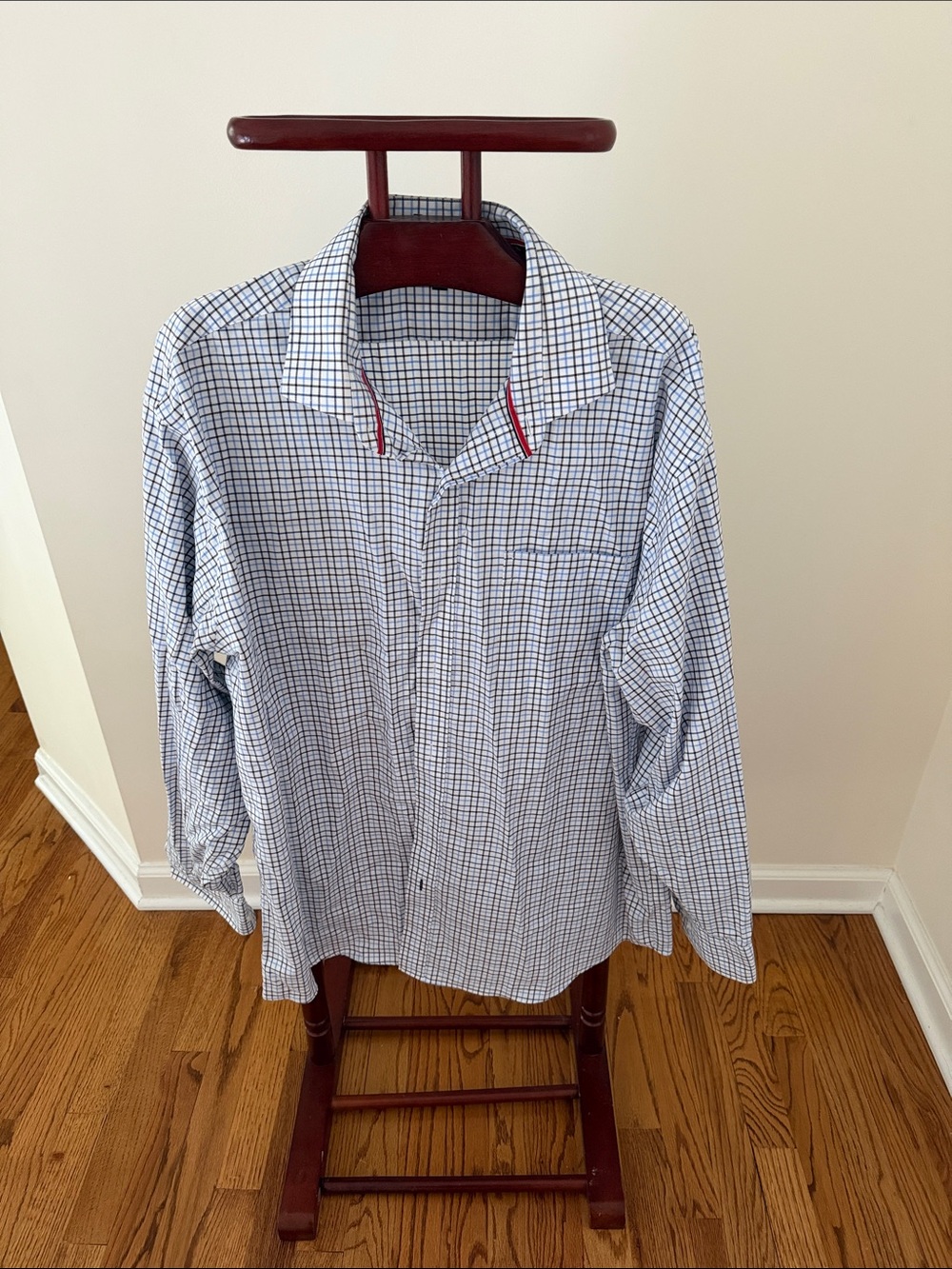 Tommy Hilfiger White and Blue Checked Button-Down Shirt with Red Trim